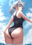  1girl absurdres animal_ear_fluff animal_ears ass ass_grab awnw black_one-piece_swimsuit blue_archive blue_eyes blue_sky blush breasts cloud competition_swimsuit cowboy_shot day ear_piercing extra_ears from_behind from_below grabbing_own_ass grey_hair halo highleg highleg_swimsuit highres legs_together long_hair looking_at_viewer looking_back ocean official_alternate_costume one-piece_swimsuit outdoors parted_lips piercing ponytail shiroko_(blue_archive) shiroko_(swimsuit)_(blue_archive) sky solo standing swimsuit two-tone_swimsuit wading wet wolf_ears 
