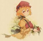  1girl absurdres aki_minoriko apron blonde_hair food fruit grape_hat_ornament grapes hat highres holding holding_food holding_fruit holding_vegetable looking_at_viewer mob_cap noumin_joemanyodw red_apron red_eyes red_headwear short_hair smile solo touhou upper_body vegetable wide_sleeves 