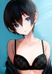  1girl 5saiji bare_shoulders black_bra black_hair blue_background blue_eyes blush bra breasts cardigan hair_between_eyes highres looking_at_viewer off_shoulder original parted_lips short_hair signature simple_background small_breasts solo underwear upper_body 