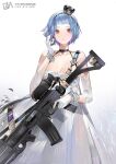  1girl assault_rifle bare_shoulders black_hairband blue_hair breasts cleavage collarbone commentary crown dress earrings expressionless eyes_visible_through_hair girls&#039;_frontline gloves gun hair_ornament hair_over_one_eye hairband hand_in_own_hair highres holding holding_weapon jewelry medium_breasts official_alternate_costume parted_lips pixiv_id plumw red_eyes rifle scope short_hair single_earring solo weapon weibo_id white_background white_dress white_gloves zas_m21_(girls&#039;_frontline) zas_m21_(white_queen)_(girls&#039;_frontline) zastava_m21 