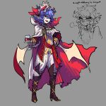  1girl alternate_costume bat_wings blue_hair boots cloak crown cup drinking_glass full_body grey_background highres holding holding_cup jacket kaibootsu looking_at_viewer open_clothes open_jacket open_mouth pointy_ears puffy_pants red_eyes red_wine remilia_scarlet solo teeth touhou upper_teeth_only vampire wine_glass wings 
