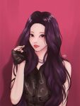  1girl 2022 aespa artist_name black_gloves black_shirt blush fingerless_gloves gloves grey_eyes highres jewelry k-pop karina_(aespa) long_hair looking_at_viewer necklace nunuseyo open_mouth portrait purple_hair real_life red_background red_lips shirt sleeveless sleeveless_shirt smile solo 