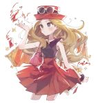  1girl bag blonde_hair blush closed_mouth collared_shirt commentary_request eyewear_on_headwear grey_eyes hand_up handbag hat high-waist_skirt highres long_hair mega_ring pink_bag pokemon pokemon_(game) pokemon_xy red_headwear red_skirt serena_(pokemon) shirt skirt sleeveless sleeveless_shirt solo sumeragi1101 sunglasses white-framed_eyewear 