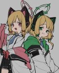  2girls animal_ear_headphones animal_ears aqua_necktie black_skirt blonde_hair blue_archive cat_ear_headphones clothes_writing coat collared_shirt fake_animal_ears green_eyes grey_background halo headphones highres long_sleeves looking_at_viewer midori_(blue_archive) mikaku_(vbvpahw9) momoi_(blue_archive) multiple_girls necktie off_shoulder open_mouth pink_eyes pleated_skirt shirt short_necktie siblings simple_background sisters skirt twins white_coat white_shirt wide_sleeves 