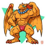  arm_up bara beads breath_of_fire breath_of_fire_iii bulge claws flexing full_body garr izzyink jewelry large_pectorals male_focus male_underwear muscular muscular_male necklace orange_eyes orange_nails pectorals prayer_beads solo thong underwear wings 