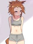  1girl absurdres animal_ears arms_behind_back bare_shoulders biko_pegasus_(umamusume) blush breasts brown_hair closed_mouth cowboy_shot grey_shorts highres horse_ears horse_girl horse_tail looking_to_the_side navel nose_blush raised_eyebrows short_hair shorts small_breasts solo special_cat sports_bra tail umamusume 
