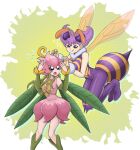  2girls antennae arthropod_girl azealeon crossover digimon digimon_(creature) fairy flower highres insect_wings leaf_wings lilimon monster_girl multiple_girls open_mouth petals plant_girl q-bee vampire_(game) wings 