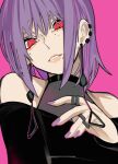  1girl @_@ absurdres bare_shoulders black_shirt chainsaw_man earrings fami_(chainsaw_man) highres jewelry lips looking_at_viewer mole mole_under_mouth nail_polish pink_background purple_eyes purple_nails red_eyes sailen0 shirt short_hair solo teeth upper_body 