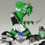 1:1 3d_(artwork) absurd_res ambiguous_gender anthro armor beanthusiast biped blender_cycles bracers butt butt_shot canid canine cloak clothing digital_media_(artwork) enigma_(duez) fox fur green_body green_fur grey_background hair half-closed_eyes hand_on_butt hat headgear headwear hi_res kyomin looking_at_viewer looking_back mammal markings messenger_bag mug narrowed_eyes paws ponytail raised_tail rear_view simple_background solo spread_legs spreading staff striped_markings stripes tail tongue tongue_out wizard_hat 