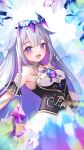  1girl armpit_crease black_corset blush breasts collar corset detached_collar dress grey_hair highres hololive hololive_english hoshino_aoi_(la_huynh_hai_than) koseki_bijou long_hair looking_at_viewer open_mouth purple_eyes sidelocks small_breasts smile solo virtual_youtuber white_collar white_dress 