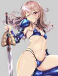  1girl absurdres airport96 alice_gear_aegis armor bikini bikini_armor blue_bikini blue_footwear breasts brown_eyes commentary_request gauntlets grey_background highres light_brown_hair long_hair looking_at_viewer multi-strapped_bikini navel parted_lips shoulder_armor simple_background small_breasts solo swimsuit sword weapon yotsuya_yumi 