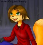  2005 anthro big_tail black_nose bottomwear brown_hair canid canine clothing collared_shirt cute_fangs dipstick_tail fluffy fluffy_tail fog forest fox gloves green_eyes hair handwear helena_soderberg male mammal markings open_mouth open_smile pants plant short_hair smile solo tail tail_markings tim_(helena_soderberg) tree 