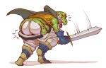  2023 ambiguous_gender amphibian anthro biped butt chrono_trigger clothed clothing frog glenn_(chrono_trigger) green_body hi_res holding_object holding_weapon looking_back melee_weapon orange_sclera rear_view shadow simple_background solo square_enix sword weapon white_background zi_ran 