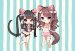  2girls :&lt; :3 :d animal_ears animal_hands aqua_eyes arm_behind_back bell black_hair black_panties blue_background blush bow breasts brown_eyes brown_hair cat_ears cat_lingerie cat_tail chibi commentary_request fang full_body gloves hair_bow large_breasts looking_at_viewer meme_attire mole mole_under_eye multiple_girls navel neck_bell original panties paw_gloves paw_pose pico_(p_i_c_o) skin_fang smile standing standing_on_one_leg striped striped_background tail thigh_scrunchie twintails underwear white_background 