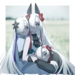  3girls aqua_eyes ascot bare_shoulders black_coat blurry blurry_background border cevio clone coat dress expressionless flower grey_coat hair_flower hair_ornament hair_over_one_eye half-closed_eyes headgear hug isekai_joucho kamitsubaki_studio kuzaki_ginko long_hair multicolored_hair multiple_girls purple_hair red_flower sekai_(cevio) sketch sleeveless sleeveless_dress smile two-tone_hair virtual_youtuber white_border white_hair 