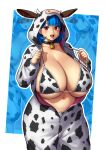  1girl :d absurdres animal_ears animal_print bell bikini bikini_under_clothes blue_hair breasts collar cow_ears cow_girl cow_hood cow_horns cow_print cowbell drawstring_pull erkaz fake_animal_ears fake_horns highres horns huge_breasts multiple_views navel neck_bell onesie open_mouth original red_eyes rina_atherina short_hair smile swimsuit 