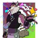  anthro brown_body brown_fur canid canine canis clothing epic_games fortnite fur gear gloves handwear hi_res humanoid looking_at_viewer male mammal muscular muscular_male nails pattern_background simple_background smile snapping_fingers solo solo_focus suit symbol tail teeth vaggo wendell_(fortnite) wolf worker yellow_eyes 