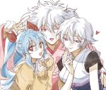  1boy 2girls blue_hair cardigan crossdressing curly_hair genderswap genderswap_(mtf) gintama hand_on_another&#039;s_hip hands_up highres japanese_clothes kimono long_sleeves makeup multiple_girls multiple_persona parted_lips red_eyes sakata_gintoki short_hair short_sleeves smile twintails v white_background white_hair ziyizhengjun 