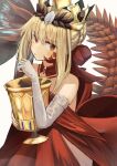  1girl absurdres bare_shoulders blonde_hair blush braid crown dragon_tail dress elbow_gloves facial_mark fate/grand_order fate_(series) gloves hair_bun highres holy_grail_(fate) kokoa_10701 looking_at_viewer nero_claudius_(fate) open_mouth queen_draco_(fate) queen_draco_(first_ascension)_(fate) red_dress red_eyes scales sidelocks simple_background single_glove solo tail white_background white_gloves 