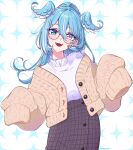  1girl blue_eyes blue_hair blue_wings blush brown_cardigan brown_skirt butterfly_earrings buttons cardigan checkered_clothes checkered_skirt collar earrings elira_pendora fangs frilled_collar frills glasses hair_between_eyes head_wings heterochromia high_ponytail highres jewelry long_hair long_skirt long_sleeves looking_at_viewer mugimugigo multicolored_hair nijisanji nijisanji_en official_alternate_costume official_alternate_hairstyle open_mouth purple_eyes round_eyewear shirt_tucked_in simple_background skirt sleeves_past_fingers sleeves_past_wrists smile solo sweater virtual_youtuber white_hair white_sweater wings 