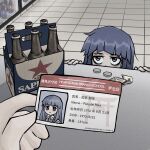  1girl 1other alcohol bags_under_eyes banknote beer bottle brown_eyes card child coin counter furude_rika highres higurashi_no_naku_koro_ni holding holding_card id_card indoors long_hair looking_at_viewer money navigazer purple_hair refrigerator soda solo_focus 