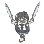  :3 black_hair blue_eyes blue_sailor_collar blue_skirt cropped_legs ferret-san fish full_body kantai_collection layered_sleeves long_hair long_sleeves ooyodo_(kancolle) parody pleated_skirt pose_imitation sailor_collar saury semi-rimless_eyewear short_over_long_sleeves short_sleeves skirt standing this_is_it under-rim_eyewear 