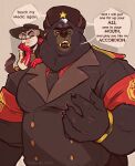  2019 angry anthro bear black_bear black_body black_fur carrying clock clothed clothing daskingu digital_media_(artwork) domestic_ferret duo english_text eyewear fully_clothed fur glasses gold_(metal) gold_tooth half-length_portrait hat headgear headwear heavy_(team_fortress_2) heterochromia hi_res looking_at_viewer male mammal medic_(team_fortress_2) mustelid musteline narrowed_eyes necktie on_shoulder portrait red_clothing red_shirt red_topwear riding shirt simple_background size_difference suit team_fortress_2 text threatening topwear true_musteline ursine ushanka valve vulgar watch weasel white_body white_fur wristwatch 