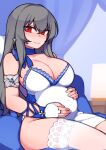  azur_lane belly_rub blue_curtain blue_flower blue_ribbon blue_rose blush breasts dress flower gloves grey_hair hair_ornament hand_on_own_stomach kwaejina lamp large_breasts long_hair mole mole_on_collarbone mole_under_eye pregnant red_eyes ribbon rose saint-louis_(azur_lane) saint-louis_(holy_knight&#039;s_resplendence)_(azur_lane) sitting sitting_on_pillow smile thighhighs white_dress white_gloves white_thighhighs 