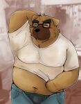  2023 anthro belly blush bulge canid canine canis clothing dokachin domestic_dog eyes_closed eyewear glasses hi_res kemono male mammal musk navel overweight overweight_male shirt snow_utamaru solo topwear underwear 