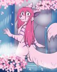  aardpuff aardwolf absurd_res anthro bathing blush butt cherry_blossom embarrassed female fur hair hi_res hyena long_hair mammal nude pink_body pink_fur pink_hair plant puffin_(aardpuff) purple_eyes shy solo stripes waterfall 