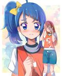  2girls ahoge alternate_hairstyle blue_eyes blue_hair blush bow clenched_hand closed_mouth commentary_request crying cut_bangs frown gym_shirt gym_shorts gym_uniform hair_bow hair_down hirogaru_sky!_precure long_hair medium_hair mitumi_mira multiple_girls nijigaoka_mashiro open_mouth partial_commentary pink_hair precure race_bib sad scene_reference shirt short_sleeves shorts side_ponytail single_sidelock socks sora_harewataru standing t-shirt tearing_up tears white_shirt white_socks wiping_tears yellow_bow 