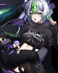  1girl absurdres artist_request belt black_collar black_footwear black_hoodie black_pants breasts bsapricot_(vtuber) bsapricot_(vtuber)_(8th_costume) chain chair collar cropped_hoodie demon_horns demon_wings fingernails fishnet_top fishnets gaming_chair green_eyes green_hair grey_hair hair_intakes hair_ornament hand_in_own_hair highres hood hoodie horns legs_folded long_fingernails long_sleeves looking_at_viewer monitor multicolored_hair multiple_horns open_mouth pants purple_nails purple_wings short_hair single_thighhigh sitting solo spiked_collar spikes streaked_hair swivel_chair teeth thighhighs tongue tongue_out torn_clothes torn_pants torn_sleeves underboob virtual_youtuber vshojo wings x_hair_ornament 
