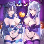  2girls abs absurdres animal_ear_fluff animal_ears blue_archive breasts candy cleavage fake_animal_ears food fur_bikini halloween highres jack-o&#039;-lantern large_breasts lollipop looking_at_viewer multiple_girls navel noa_(blue_archive) werewolf_costume wolf_ears yuuka_(blue_archive) zea_(zeamilky) 