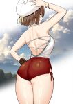  1girl ass atelier_(series) atelier_ryza bare_arms bare_shoulders blush bracelet brown_gloves brown_hair from_behind gloves hat highres jewelry looking_at_viewer looking_back outdoors parted_lips red_shorts reisalin_stout short_hair short_shorts shorts single_glove sky-freedom smile thighs white_headwear 