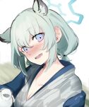  1girl animal_ears aqua_hair blue_archive blue_eyes blush breasts cleavage collarbone drunk gradient_eyes grey_kimono halo head_tilt highres japanese_clothes kimono looking_at_viewer low_twintails medium_breasts medium_hair multicolored_eyes nose_blush official_alternate_costume purple_eyes shigure_(blue_archive) shigure_(hot_spring)_(blue_archive) sketch sky_jio solo tokkuri twintails upper_body weasel_ears weasel_girl yagasuri 