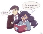  1boy 1girl black_hair blue_eyes book coat collared_shirt commentary_request cozqqq crossed_arms dark-skinned_female dark_skin emma_(pokemon) french_text holding holding_book looker_(pokemon) looking_at_another necktie pokemon pokemon_(game) pokemon_xy reading shirt signature thick_eyebrows translation_request trench_coat 