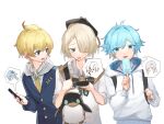  3boys 3girls ahoge alternate_costume animal_bag arlecchino_(genshin_impact) backpack bag beret black_bow black_bowtie black_hair black_hairband black_headwear blonde_hair blue_eyes blue_hair blue_jacket blunt_bangs bow bowtie buttons cellphone chongyun_(genshin_impact) collared_shirt colored_eyelashes commentary drawstring english_commentary eula_(genshin_impact) eyelashes food freckles freminet_(genshin_impact) genshin_impact hair_between_eyes hair_over_one_eye hairband hand_up hands_up hat highres holding holding_food holding_phone holding_popsicle hood hood_down hoodie jacket lapels long_sleeves looking_at_another looking_at_viewer looking_to_the_side male_focus mika_(genshin_impact) multicolored_hair multiple_boys multiple_girls necktie one_eye_covered open_mouth orenjineko14 parted_bangs pers_(genshin_impact) phone popsicle purple_eyes raised_eyebrows shenhe_(genshin_impact) shirt short_hair sidelocks simple_background sleeves_rolled_up smartphone speech_bubble spoken_character streaked_hair upper_body v-shaped_eyebrows wavy_mouth white_background white_hair white_hoodie white_shirt wing_collar yellow_necktie 