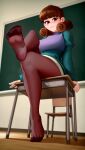  1girl absurdres blunt_bangs blush breasts brown_eyes brown_hair chair chalkboard closed_mouth crossed_legs desk feet foot_focus full_body highres indoors kairunoburogu long_sleeves mega_man_(series) mega_man_battle_network ms._mari_(mega_man) no_shoes on_desk pantyhose school_chair school_desk sitting smile solo toe_seam wooden_floor 