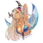  1girl arm_up armpits bikini blonde_hair blue_bikini breasts choker dark_skin earrings fire_emblem fire_emblem_engage horns jewelry large_breasts long_hair looking_at_viewer meziosaur parted_lips pointy_ears presenting_armpit purple_eyes simple_background solo stomach swimsuit very_long_hair white_background white_hair zelestia_(fire_emblem) 