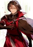  1boy armor black_cape black_gloves black_hair brown_eyes cape closed_mouth constantine_xi_(fate) cowboy_shot earrings fate/grand_order fate_(series) gloves green_background hair_between_eyes highres jewelry long_sleeves looking_at_viewer male_focus nasubi_illust petals red_armor red_tunic serious sheath sheathed short_hair shoulder_cape solo sword tunic two-tone_background v-shaped_eyebrows weapon white_background 