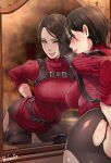  1girl ada_wong ass belt black_eyes black_hair black_pantyhose breasts butcha-u grin highres looking_at_viewer mirror pantyhose red_sweater reflection resident_evil short_hair smile solo sweat sweater torn_clothes torn_pantyhose turtleneck turtleneck_sweater 