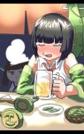  2girls =3 alcohol bare_shoulders beer beer_mug black_hair blade blunt_bangs blush bob_cut brown_eyes brown_hair closed_eyes clothes_hanger collared_shirt cup detached_sleeves drunk edamame_(food) elbows_on_table facing_viewer green_vest headgear headphones headphones_removed highres holding holding_cup japanese_clothes kimono kyoumachi_seika letterboxed looking_at_another loose_necktie mug multiple_girls necktie nose_blush red_necktie shirt short_hair sigh sitting sleeveless sleeveless_shirt solo_focus tmasyumaro touhoku_kiritan vest vest_removed voiceroid white_kimono white_shirt 