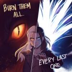  1boy 1girl a_song_of_ice_and_fire blood blood_on_hands blue_eyes brown_hair daenerys_targaryen dragon english_text eren_yeager game_of_thrones highres jacket jinxiko light_frown long_hair long_sleeves looking_at_viewer orange_eyes serious shingeki_no_kyojin shirt tree upper_body 