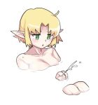  1girl aaaa_(aaaa480) blonde_hair blush breasts cleavage commentary_request completely_nude cookie_(touhou) cowlick feet_out_of_frame green_eyes joker_(cookie) looking_down medium_bangs medium_breasts mizuhashi_parsee nude open_mouth parted_bangs partially_submerged pointy_ears short_hair simple_background solo squirting_liquid touhou water_gun white_background 