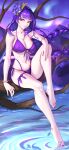  1girl arm_support barefoot bead_bracelet beads bikini bowlp bracelet commentary_request front-tie_bikini_top front-tie_top genshin_impact hair_ornament highres jewelry long_braid long_hair looking_at_viewer nail_polish navel purple_bikini purple_eyes purple_hair purple_nails raiden_shogun side-tie_bikini_bottom solo stomach swimsuit thigh_strap thighs toenail_polish toenails very_long_hair water 