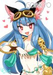  1girl :d adjusting_clothes ahoge animal_ear_fluff animal_ears artist_name blue_hair blush breasts cat_ears cat_girl character_name cleavage commentary_request dancer fang goggles goggles_on_head goinkyo gold groin heart heart-shaped_pupils liricolilium long_hair looking_at_viewer medium_bangs medium_breasts navel open_mouth oracle_(tree_of_savior) red_eyes skin_fang smile solo symbol-shaped_pupils tree_of_savior upper_body v-shaped_eyebrows white_background 
