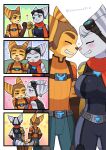  &lt;3 anthro blue_eyes blush breasts clenched_teeth clothing comic duo eyes_closed eyewear fangs female fist_bump gesture goggles hi_res kemono kissing_cheek lombax male male/female mammal prosthetic prosthetic_arm prosthetic_limb ratchet ratchet_and_clank rivet_(ratchet_and_clank) romantic romantic_couple scarf sleeping sony_corporation sony_interactive_entertainment spacesuit standing striped_body stripes tail tail_wrapped tail_wraps teeth tight_clothing tired wraps yamame513 