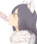  1girl after_fellatio animal_ears bar_censor black_hair blush censored commentary_request cum cum_in_mouth cum_on_tongue facial kohaku_q long_hair open_mouth penis princess_connect! profile shiori_(princess_connect!) simple_background tongue tongue_out upper_body white_background yellow_eyes 