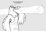  anthro avian beak biggerestsheep biped bird chicken clothed clothing dialogue english_text feathered_arms feathers female galliform gallus_(genus) holding_object log looking_at_viewer monochrome overalls phasianid solo talking_to_viewer text wood 