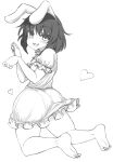  1girl animal_ears barefoot blush commentary_request full_body greyscale haseru_(ginku_mh) highres inaba_tewi looking_at_viewer monochrome paw_pose rabbit_ears rabbit_girl shirt short_hair short_sleeves simple_background skirt solo touhou 